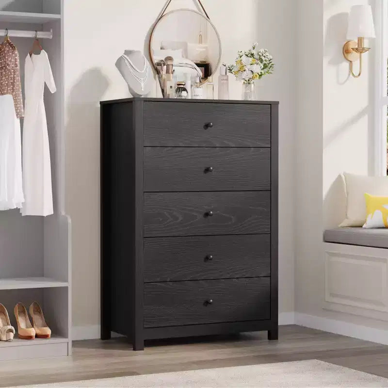 Commode en bois à 5 tiroirs de 45 pouces, commode moderne avec rangement profond, organiseur en bois haut pour chambre, salon et entrée