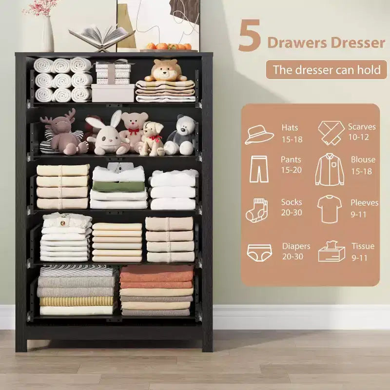 Commode en bois à 5 tiroirs de 45 pouces, commode moderne avec rangement profond, organiseur en bois haut pour chambre, salon et entrée