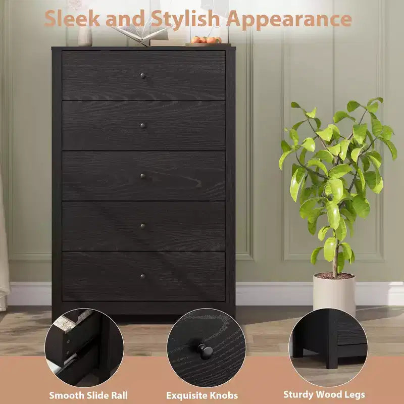 Commode en bois à 5 tiroirs de 45 pouces, commode moderne avec rangement profond, organiseur en bois haut pour chambre, salon et entrée