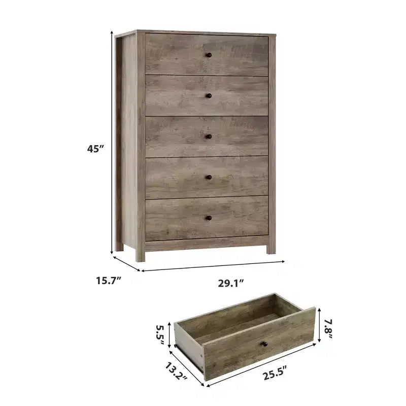 Commode en bois à 5 tiroirs de 45 pouces, commode moderne avec rangement profond, organiseur en bois haut pour chambre, salon et entrée