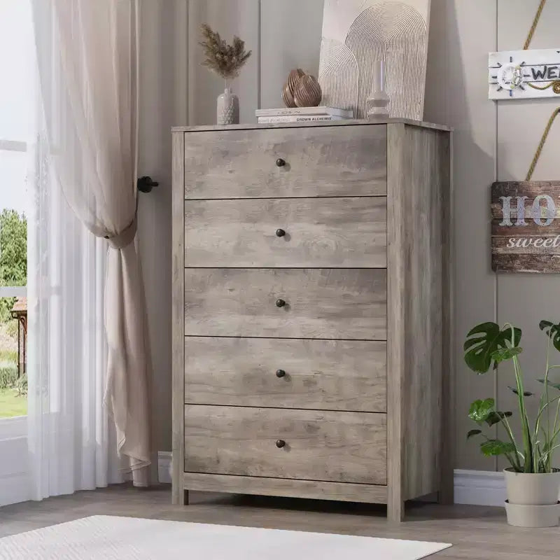 Commode en bois à 5 tiroirs de 45 pouces, commode moderne avec rangement profond, organiseur en bois haut pour chambre, salon et entrée