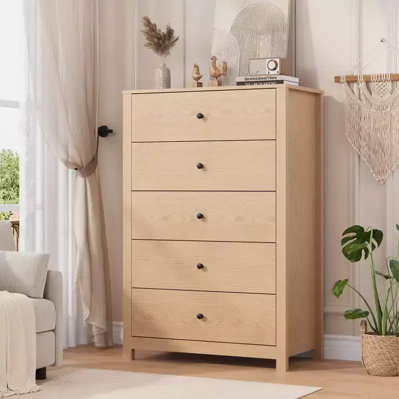 Commode en bois à 5 tiroirs de 45 pouces, commode moderne avec rangement profond, organiseur en bois haut pour chambre, salon et entrée