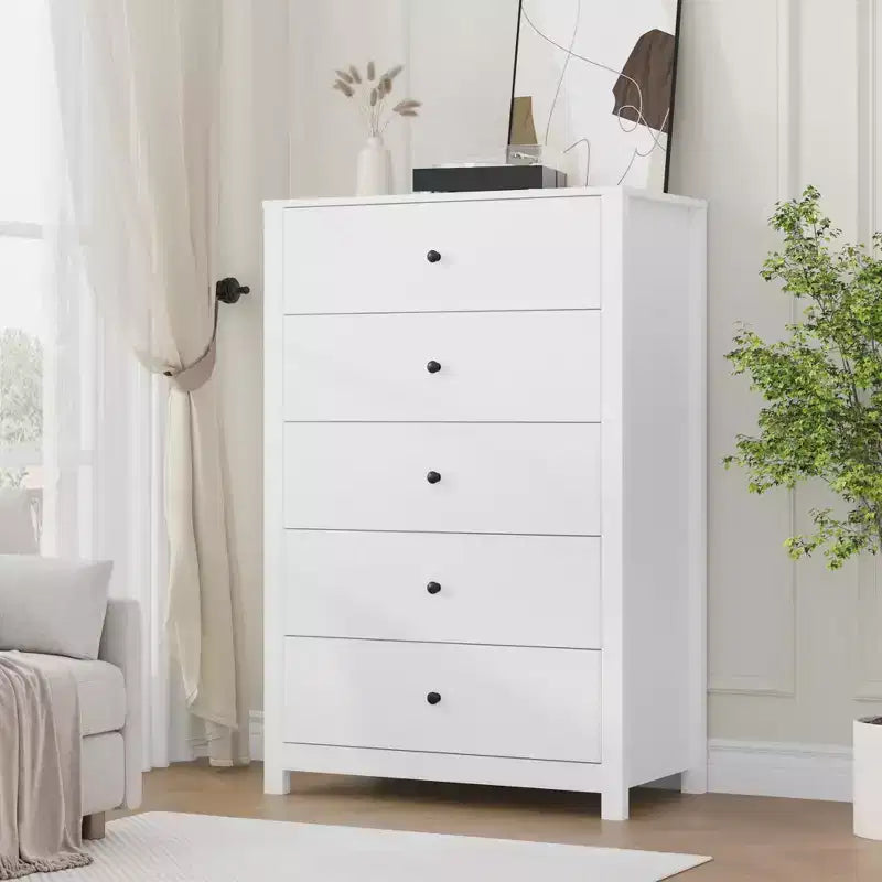 Commode en bois à 5 tiroirs de 45 pouces, commode moderne avec rangement profond, organiseur en bois haut pour chambre, salon et entrée