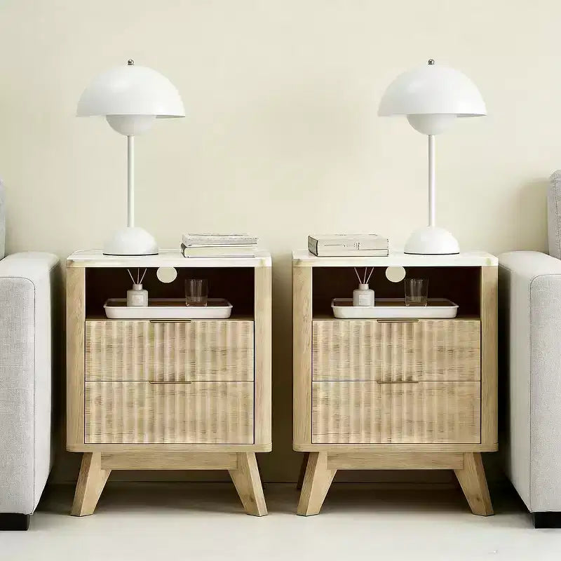 Table de chevet moderne avec plateau en faux marbre, table d'appoint à bords incurvés avec 2 tiroirs et rangement ouvert pour chambre ou salon