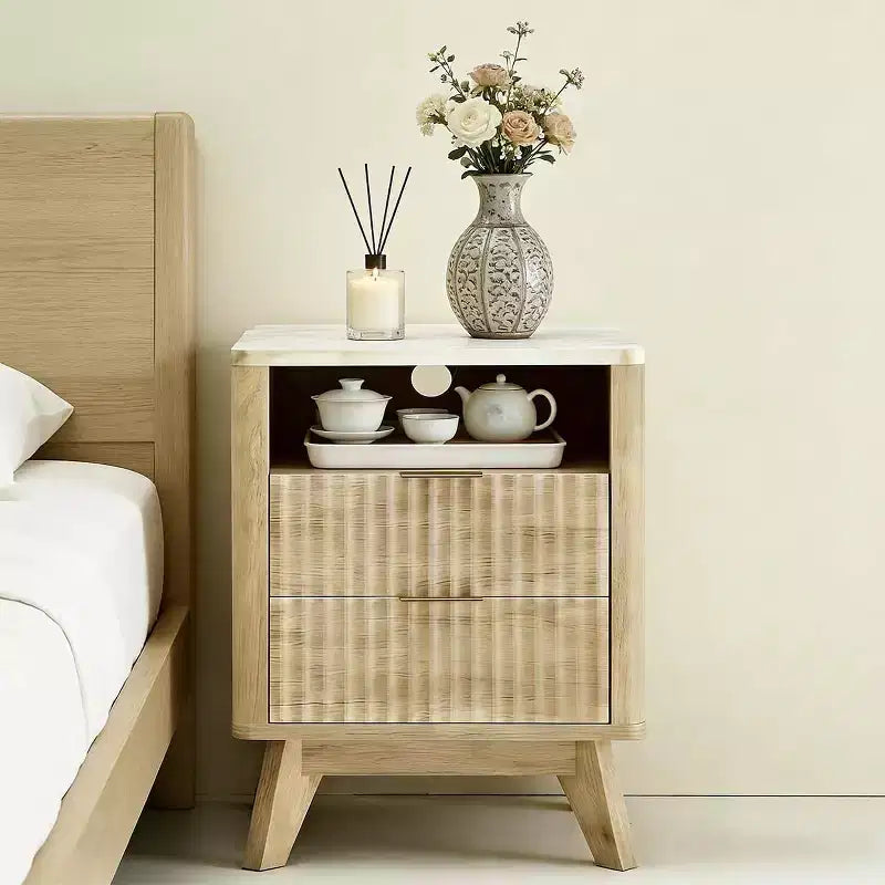 Table de chevet moderne avec plateau en faux marbre, table d'appoint à bords incurvés avec 2 tiroirs et rangement ouvert pour chambre ou salon