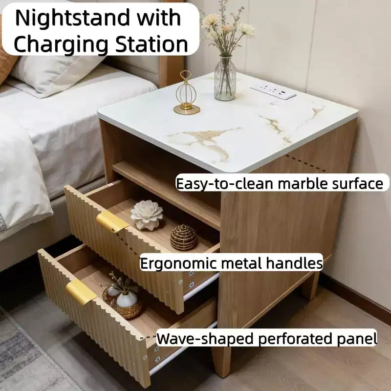 Table de chevet moderne avec plateau en faux marbre, table d'appoint à bords incurvés avec 2 tiroirs et rangement ouvert pour chambre ou salon