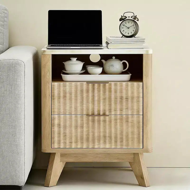 Table de chevet moderne avec plateau en faux marbre, table d'appoint à bords incurvés avec 2 tiroirs et rangement ouvert pour chambre ou salon
