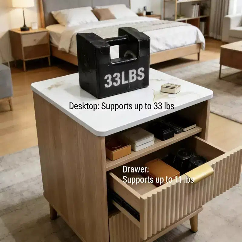 Table de chevet moderne avec plateau en faux marbre, table d'appoint à bords incurvés avec 2 tiroirs et rangement ouvert pour chambre ou salon