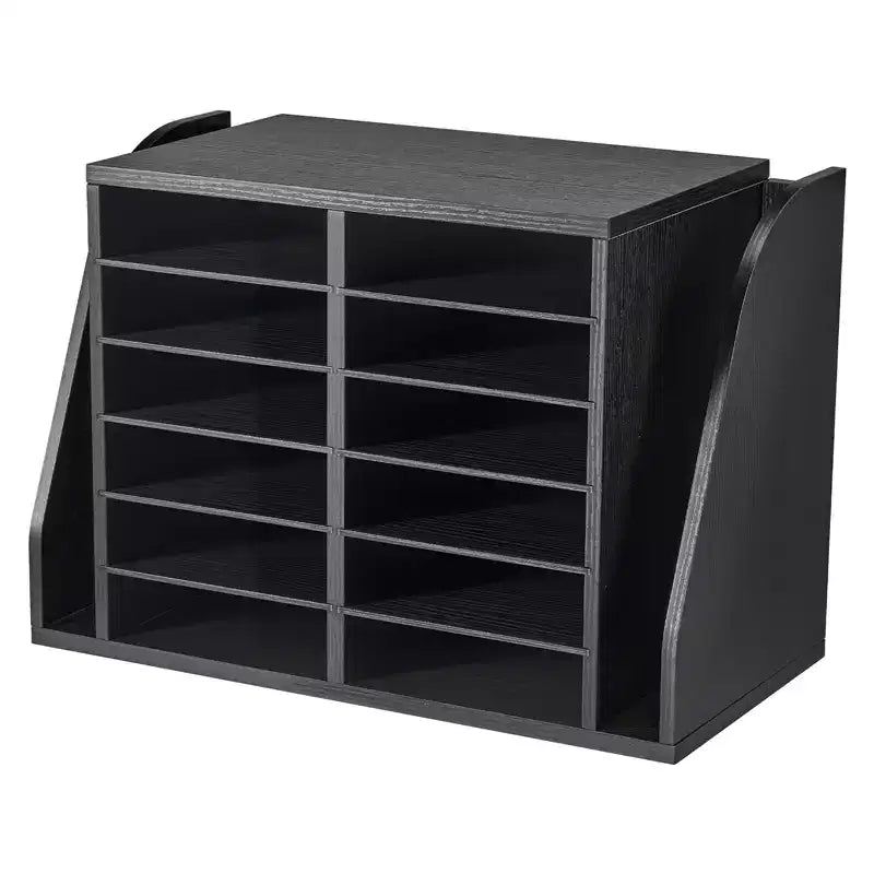 VEVOR Literature Organizer, 12 Compartments Office Mailbox with Side Vertical Storage, Wooden Mailbox Sorter Made of Particle Board, Black