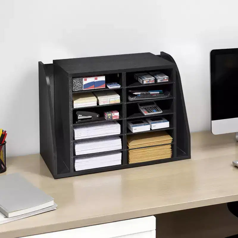 Organisateur de documents, 12 compartiments, Trieur de courrier de bureau avec rangement vertical latéral, Trieur de courrier en bois aggloméré, Noir