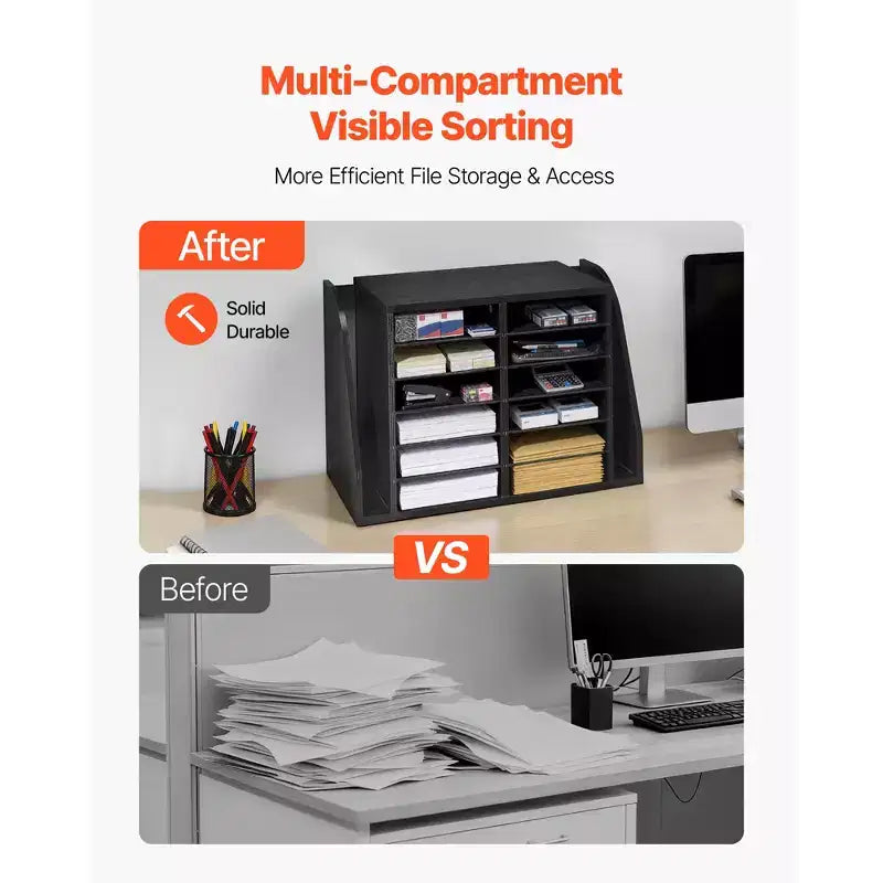 Organisateur de documents, 12 compartiments, Trieur de courrier de bureau avec rangement vertical latéral, Trieur de courrier en bois aggloméré, Noir