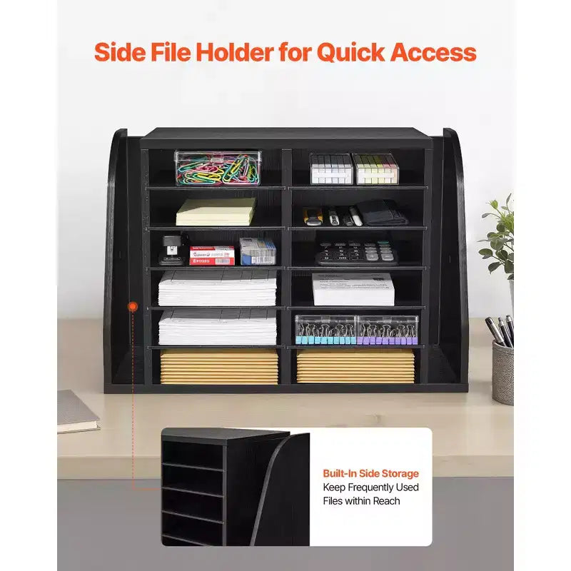 Organisateur de documents, 12 compartiments, Trieur de courrier de bureau avec rangement vertical latéral, Trieur de courrier en bois aggloméré, Noir