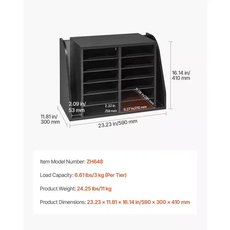 Organisateur de documents, 12 compartiments, Trieur de courrier de bureau avec rangement vertical latéral, Trieur de courrier en bois aggloméré, Noir