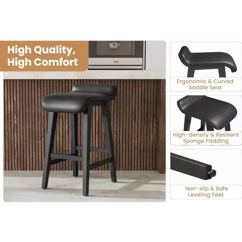 Lot de 2 tabourets de bar, 66,5 cm H, tabourets de cuisine modernes rembourrés avec dossier bas, repose-pieds, pieds en bois, design hauteur comptoir pour îlot de cuisine, salle à manger