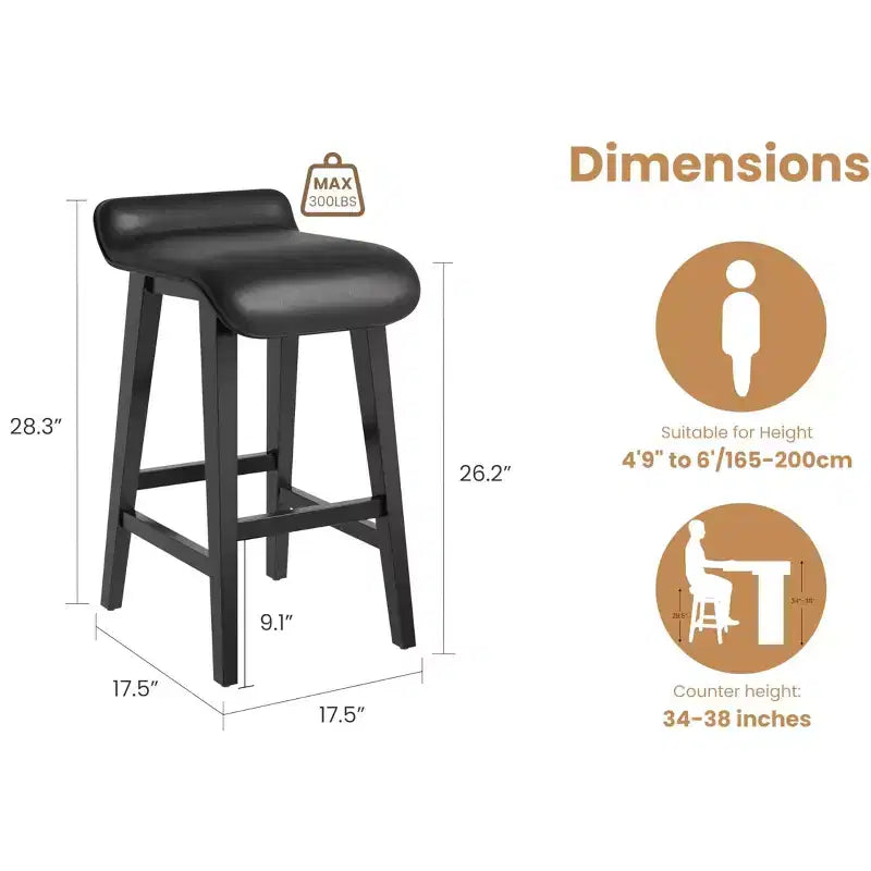 Lot de 2 tabourets de bar, 66,5 cm H, tabourets de cuisine modernes rembourrés avec dossier bas, repose-pieds, pieds en bois, design hauteur comptoir pour îlot de cuisine, salle à manger