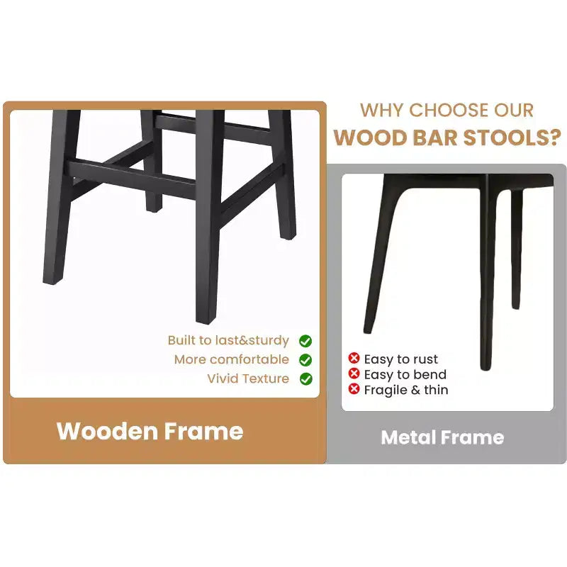 Lot de 2 tabourets de bar, 66,5 cm H, tabourets de cuisine modernes rembourrés avec dossier bas, repose-pieds, pieds en bois, design hauteur comptoir pour îlot de cuisine, salle à manger
