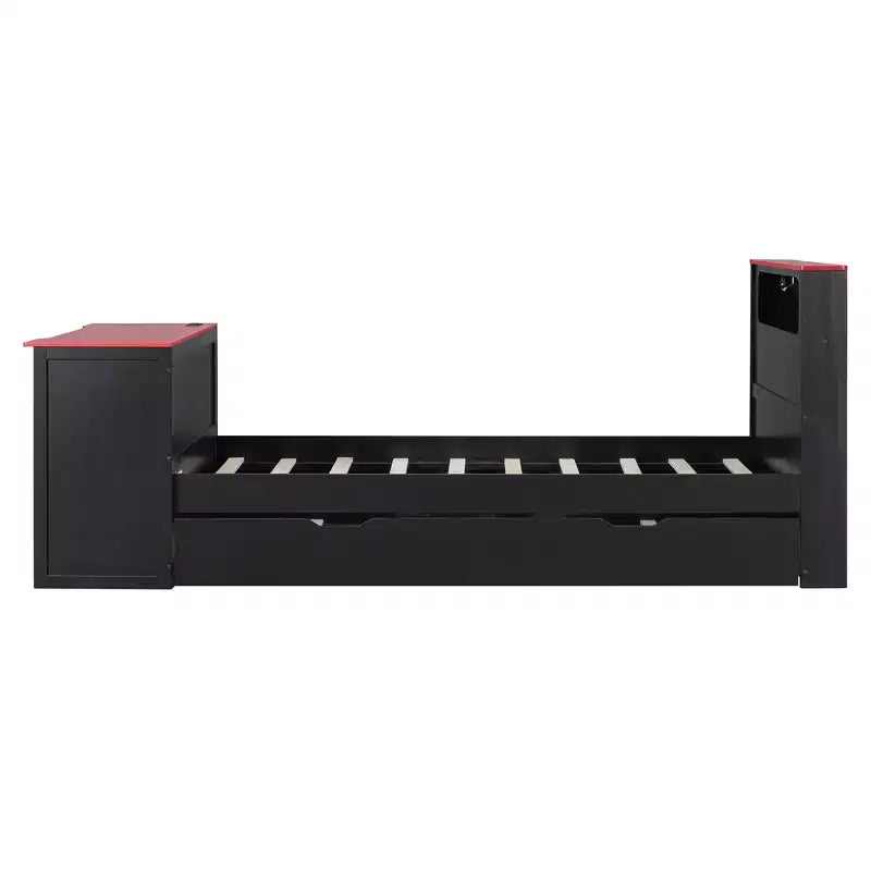 Lit de repos moderne en bois avec bureau d'ordinateur, lit gigogne et tête de lit éclairée