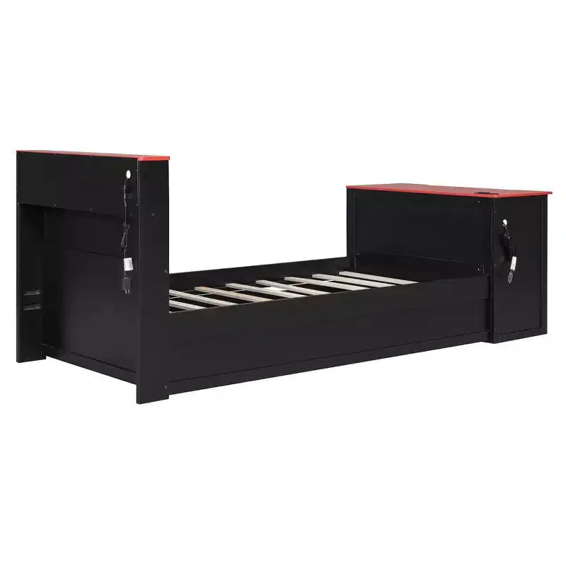 Lit de repos moderne en bois avec bureau d'ordinateur, lit gigogne et tête de lit éclairée