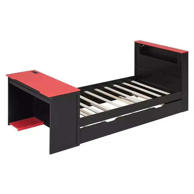 Lit de repos moderne en bois avec bureau d'ordinateur, lit gigogne et tête de lit éclairée