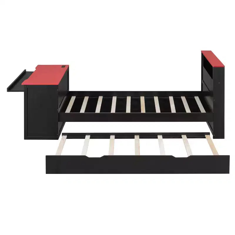 Lit de repos moderne en bois avec bureau d'ordinateur, lit gigogne et tête de lit éclairée