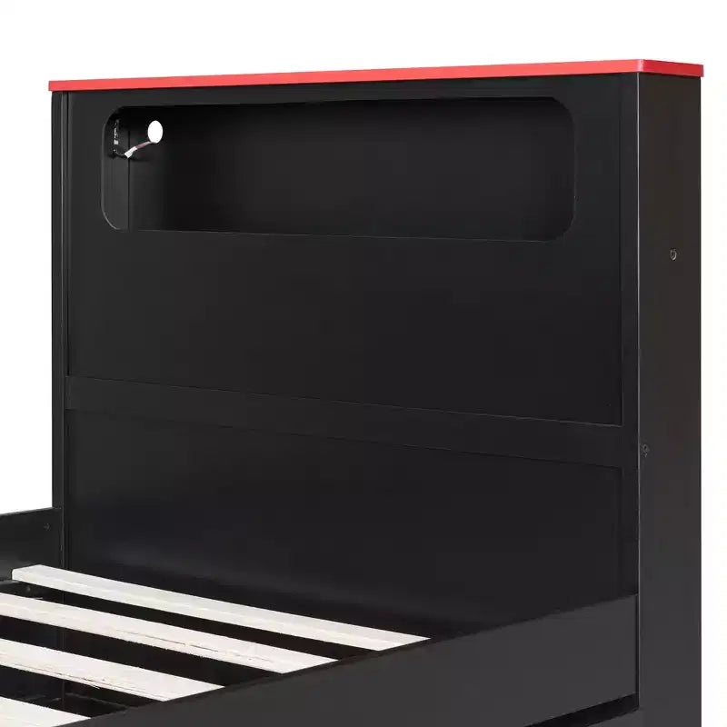 Lit de repos moderne en bois avec bureau d'ordinateur, lit gigogne et tête de lit éclairée