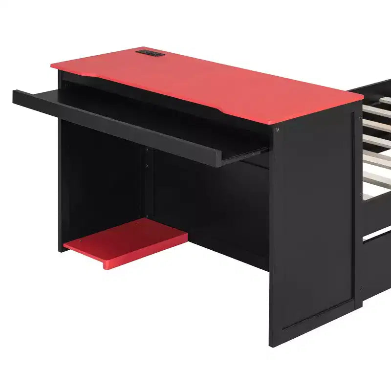Lit de repos moderne en bois avec bureau d'ordinateur, lit gigogne et tête de lit éclairée
