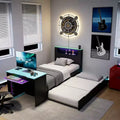 Luxystar Modern Wooden Daybed With Computer Desk, Trundle And Lighted Headboard