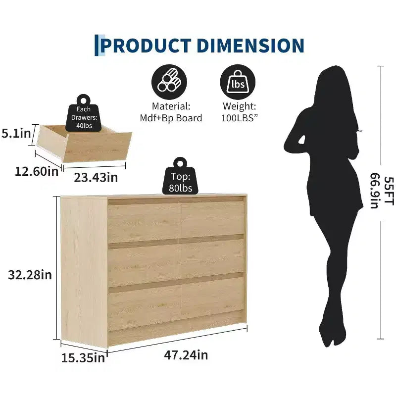 Commode de Chambre à 6 Tiroirs en Bois de 119 cm, Meuble de Rangement, Finition Chêne Naturel