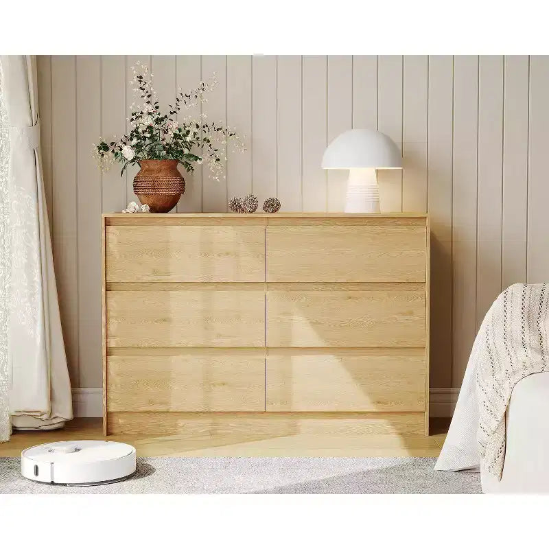 Commode de Chambre à 6 Tiroirs en Bois de 119 cm, Meuble de Rangement, Finition Chêne Naturel
