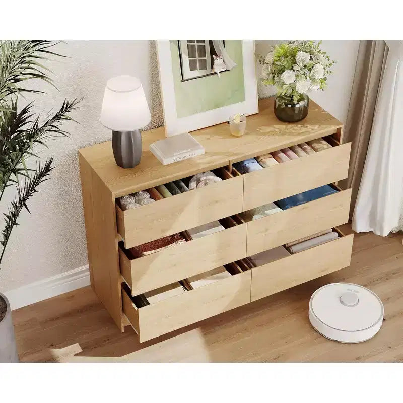 Commode de Chambre à 6 Tiroirs en Bois de 119 cm, Meuble de Rangement, Finition Chêne Naturel