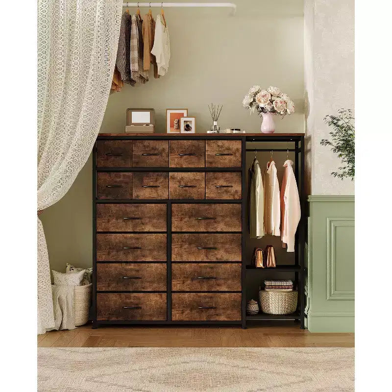 Portant à vêtements 16 tiroirs avec 2 étagères, organiseur de placard autoportant haut, portant à vêtements robuste pour le rangement et l'organisation de la chambre à coucher