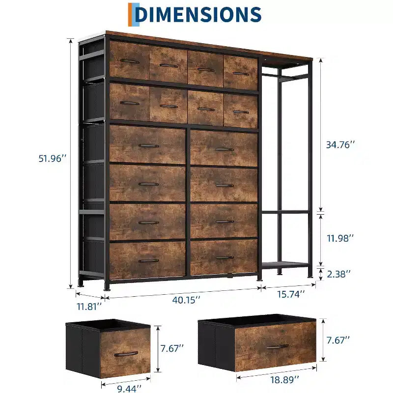 Portant à vêtements 16 tiroirs avec 2 étagères, organiseur de placard autoportant haut, portant à vêtements robuste pour le rangement et l'organisation de la chambre à coucher