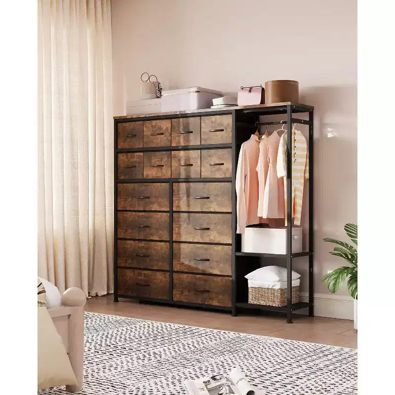 Portant à vêtements 16 tiroirs avec 2 étagères, organiseur de placard autoportant haut, portant à vêtements robuste pour le rangement et l'organisation de la chambre à coucher