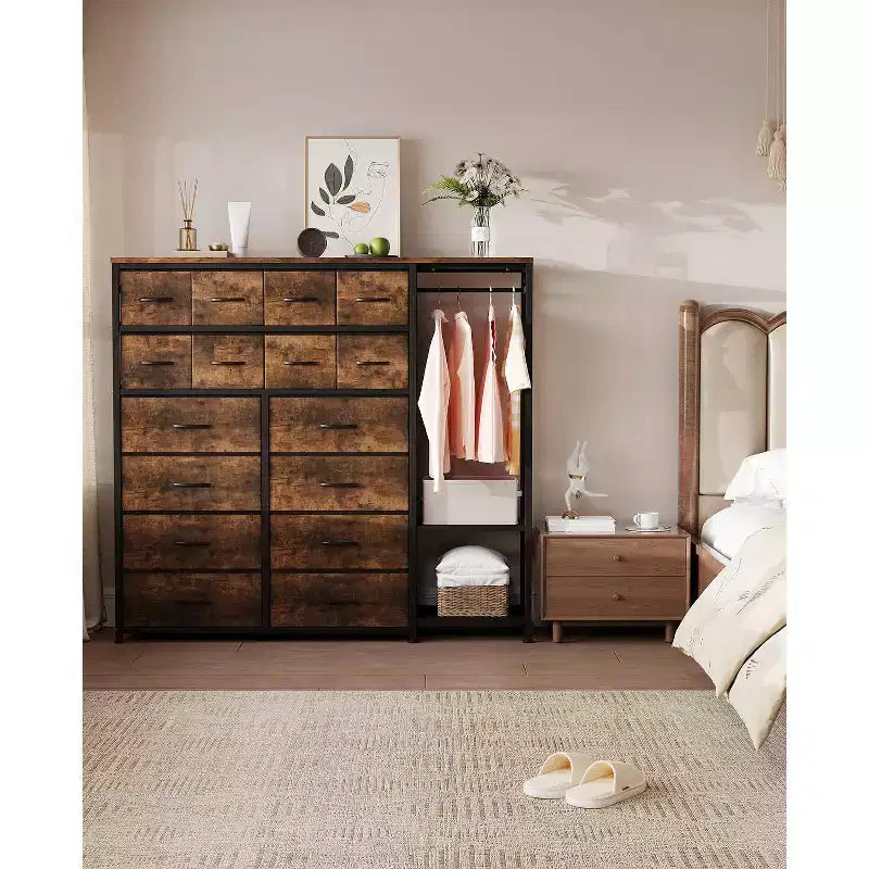 Portant à vêtements 16 tiroirs avec 2 étagères, organiseur de placard autoportant haut, portant à vêtements robuste pour le rangement et l'organisation de la chambre à coucher