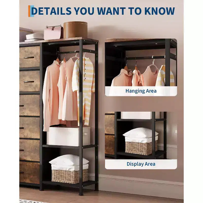 Portant à vêtements 16 tiroirs avec 2 étagères, organiseur de placard autoportant haut, portant à vêtements robuste pour le rangement et l'organisation de la chambre à coucher