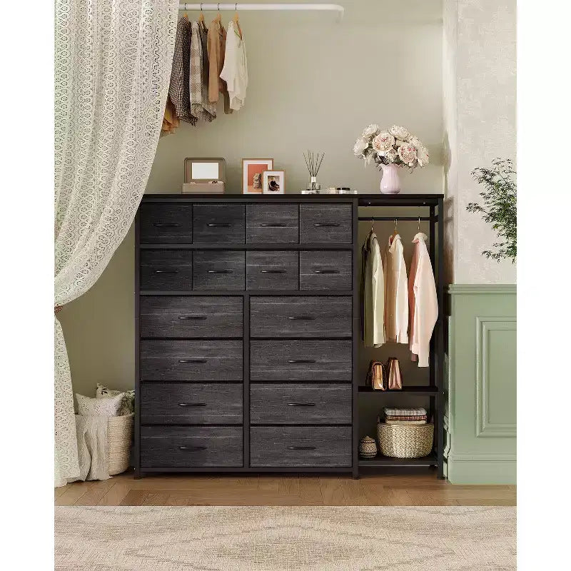 Portant à vêtements 16 tiroirs avec 2 étagères, organiseur de placard autoportant haut, portant à vêtements robuste pour le rangement et l'organisation de la chambre à coucher