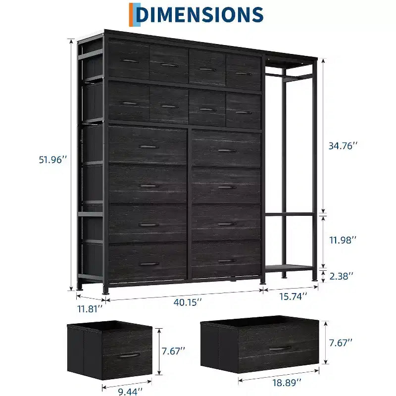 Portant à vêtements 16 tiroirs avec 2 étagères, organiseur de placard autoportant haut, portant à vêtements robuste pour le rangement et l'organisation de la chambre à coucher