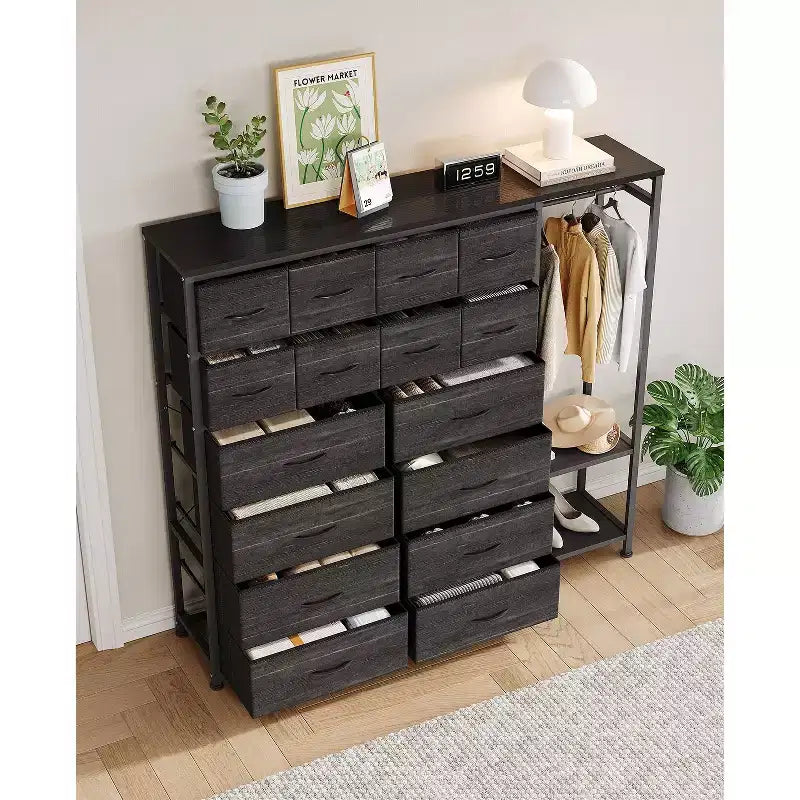 Portant à vêtements 16 tiroirs avec 2 étagères, organiseur de placard autoportant haut, portant à vêtements robuste pour le rangement et l'organisation de la chambre à coucher