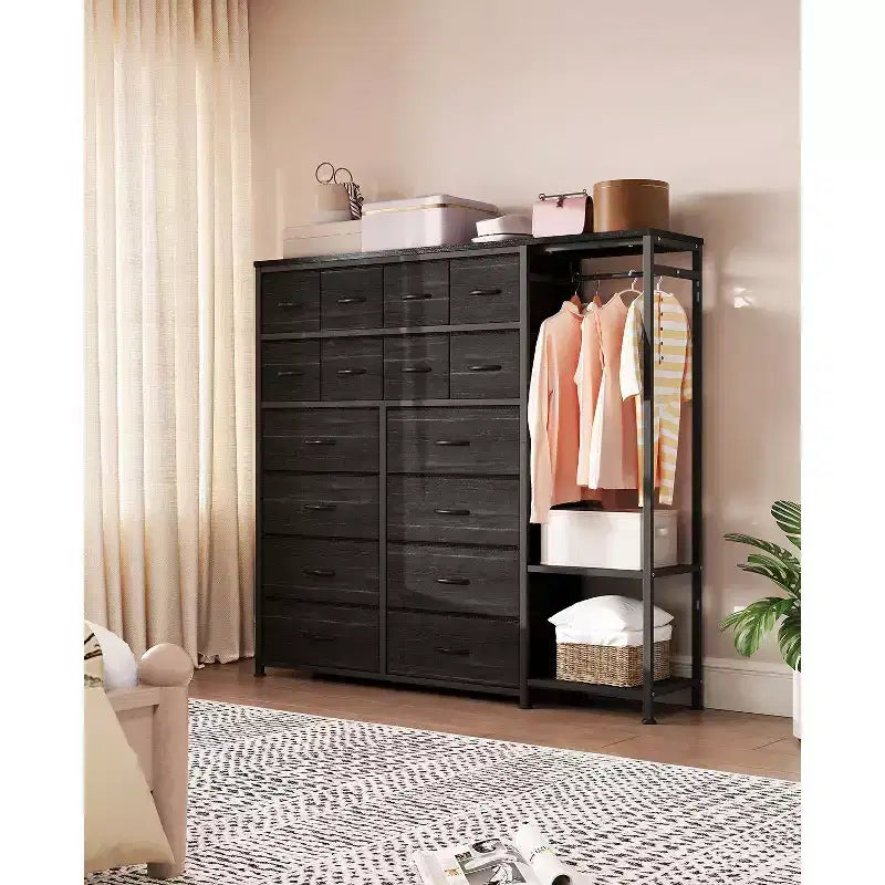 Portant à vêtements 16 tiroirs avec 2 étagères, organiseur de placard autoportant haut, portant à vêtements robuste pour le rangement et l'organisation de la chambre à coucher