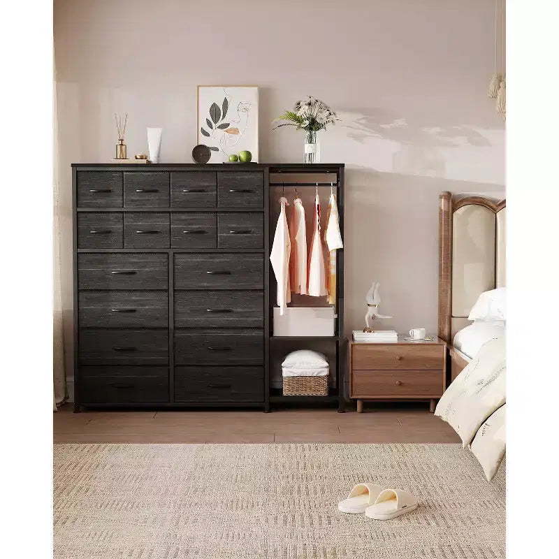 Portant à vêtements 16 tiroirs avec 2 étagères, organiseur de placard autoportant haut, portant à vêtements robuste pour le rangement et l'organisation de la chambre à coucher