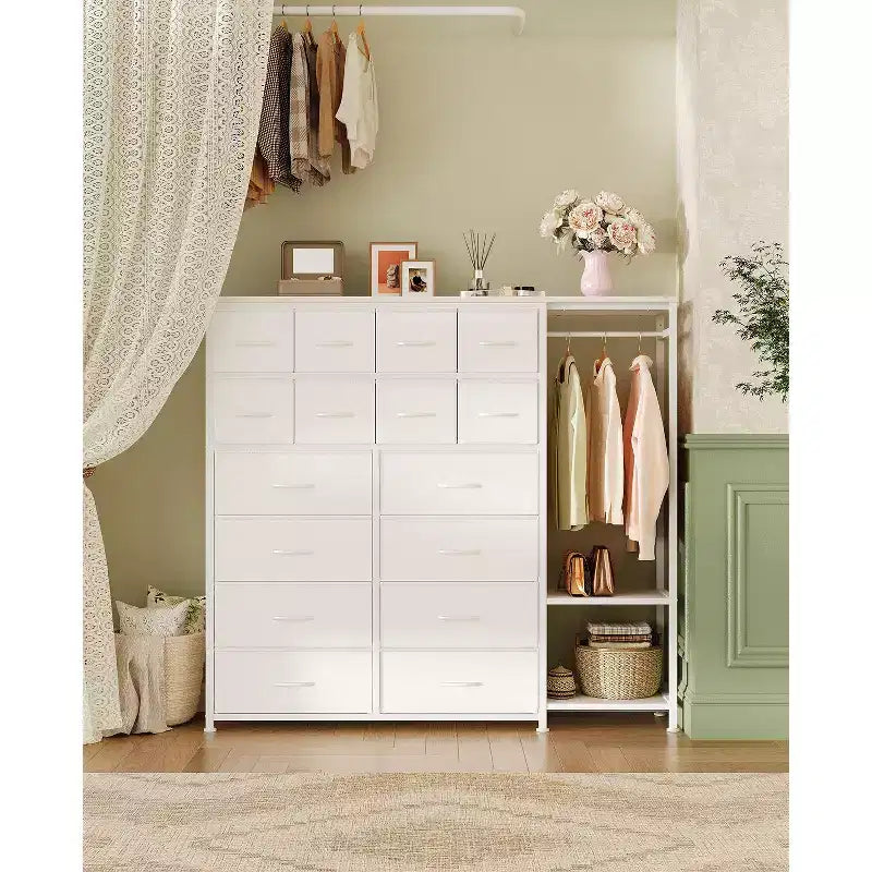 Portant à vêtements 16 tiroirs avec 2 étagères, organiseur de placard autoportant haut, portant à vêtements robuste pour le rangement et l'organisation de la chambre à coucher
