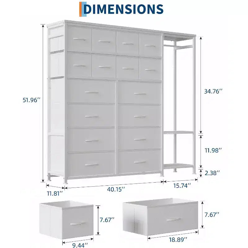 Portant à vêtements 16 tiroirs avec 2 étagères, organiseur de placard autoportant haut, portant à vêtements robuste pour le rangement et l'organisation de la chambre à coucher
