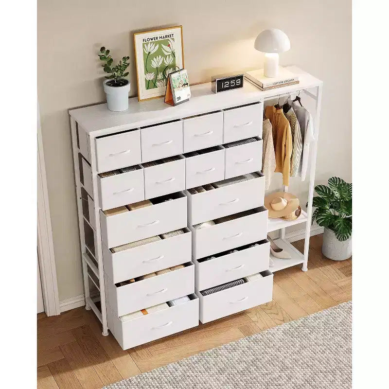 Portant à vêtements 16 tiroirs avec 2 étagères, organiseur de placard autoportant haut, portant à vêtements robuste pour le rangement et l'organisation de la chambre à coucher