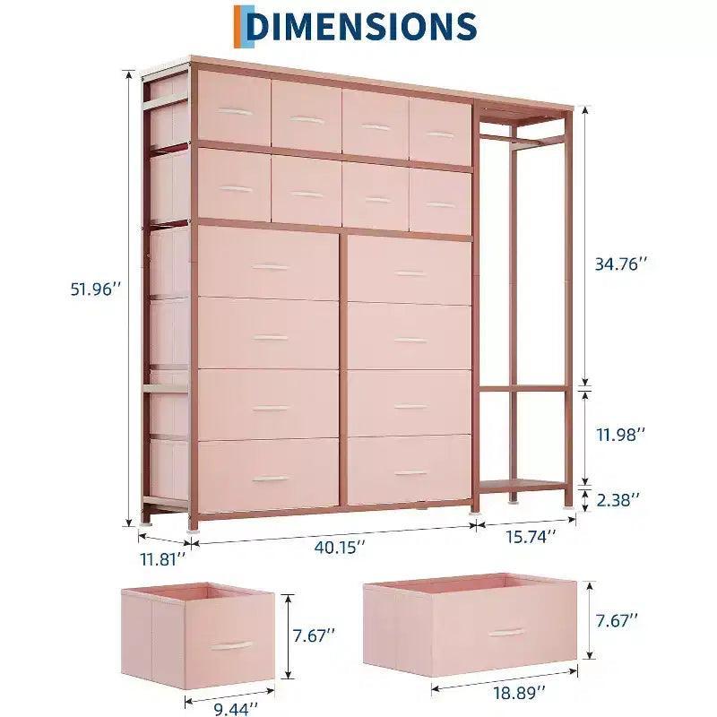 Portant à vêtements 16 tiroirs avec 2 étagères, organiseur de placard autoportant haut, portant à vêtements robuste pour le rangement et l'organisation de la chambre à coucher