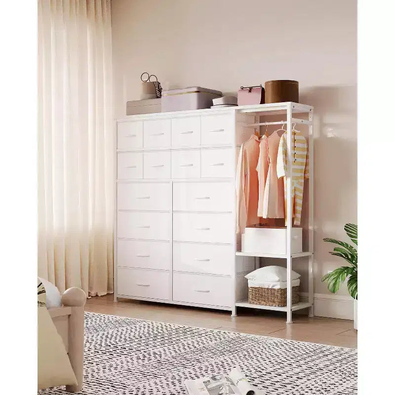 Portant à vêtements 16 tiroirs avec 2 étagères, organiseur de placard autoportant haut, portant à vêtements robuste pour le rangement et l'organisation de la chambre à coucher