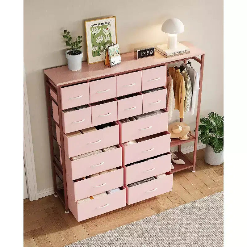 Portant à vêtements 16 tiroirs avec 2 étagères, organiseur de placard autoportant haut, portant à vêtements robuste pour le rangement et l'organisation de la chambre à coucher