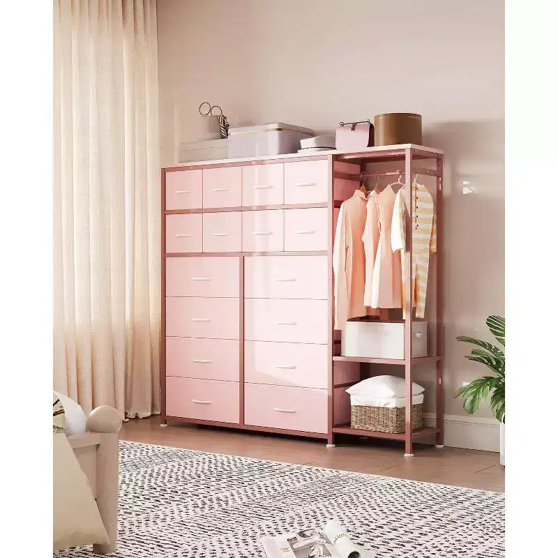 Portant à vêtements 16 tiroirs avec 2 étagères, organiseur de placard autoportant haut, portant à vêtements robuste pour le rangement et l'organisation de la chambre à coucher