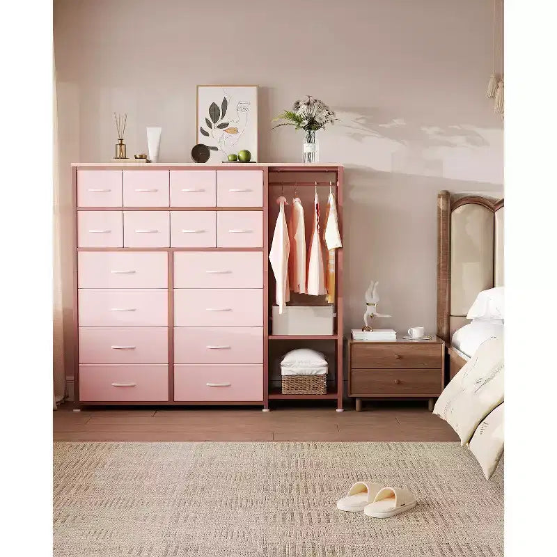 Portant à vêtements 16 tiroirs avec 2 étagères, organiseur de placard autoportant haut, portant à vêtements robuste pour le rangement et l'organisation de la chambre à coucher