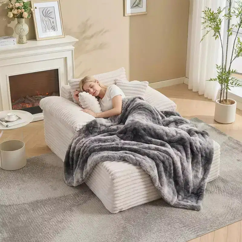 Oversized Chaise Lounge Chair Sofa Bed, Corduroy Sleeper Sofa with Pillows and Wide Armrests for Living Room, Bedroom, Movie Room