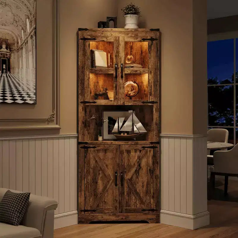Farmhouse Corner Storage Cabinet Lighted Tall Space-Saving with Adjustable Shelves Glass Door Entryway Display Unit Living Room Kitchen
